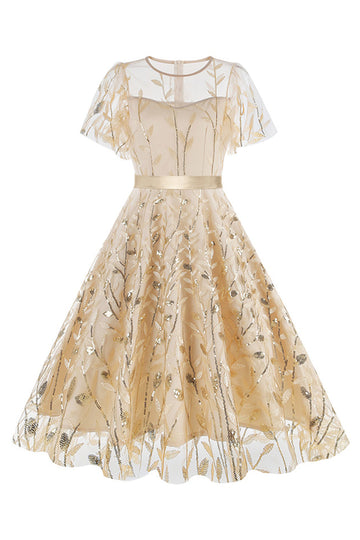 Abrikos pailletter blad broderet mesh overlay elegant vintage kjole